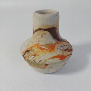 Vintage Small Nemadji Pottery‎ Vase U.S.A Multi-Color Orange Swirl